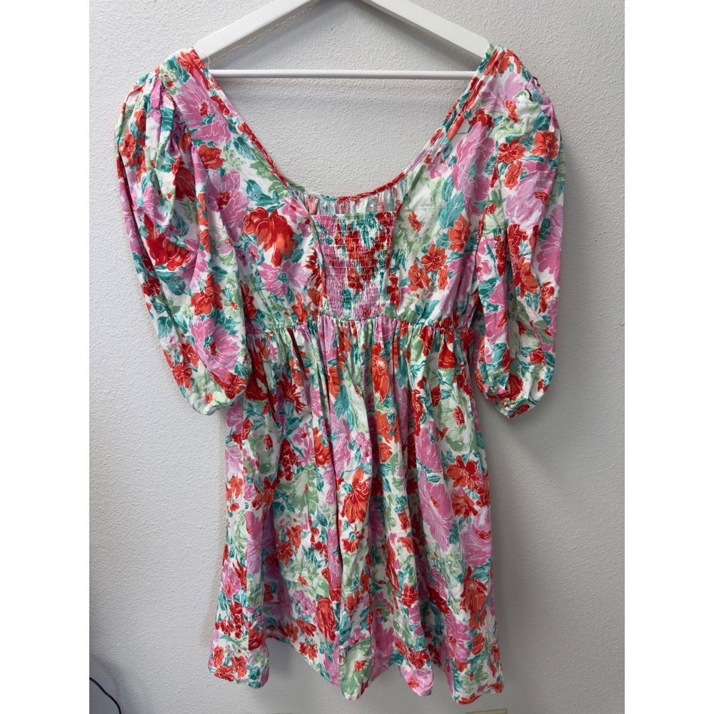 Floral‎ Puff Sleeve Cotton Mini Dress Pink Red Green L Praire Romantic Cottage - Picture 3 of 9
